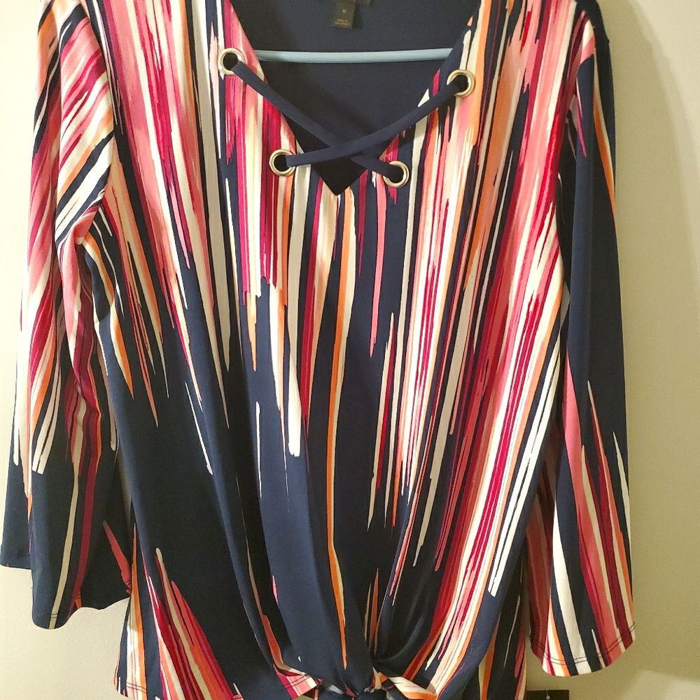 JM Collection twist front hem top with criss cross